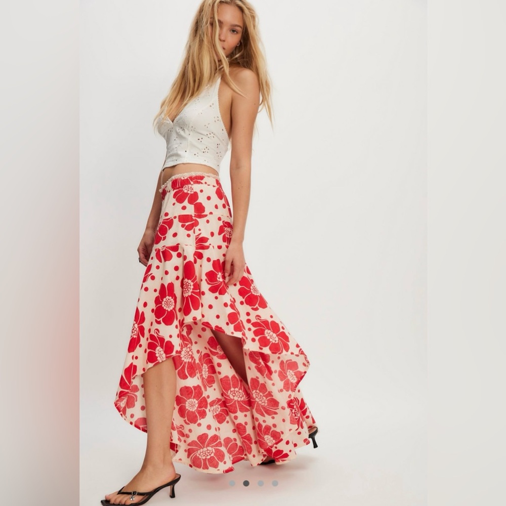 Free People Cotton Poppy Flower Asymmetrical Ruffle Maxi Skirt NWT🔖
